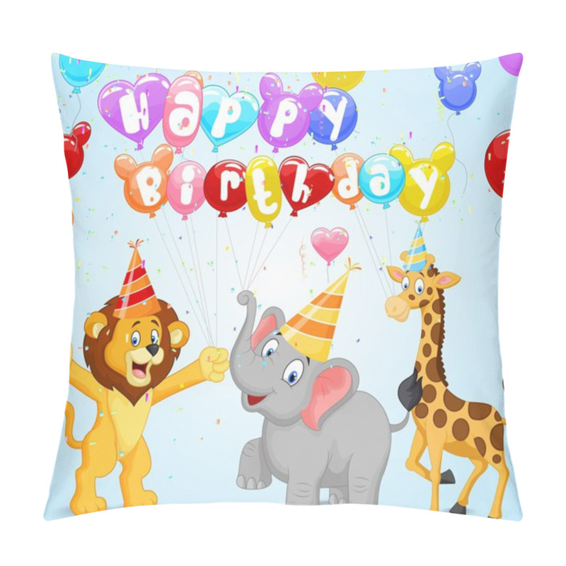 Personality  Birthday Background With Cartoon Lion, Giraffe And Elephant Pillow Covers