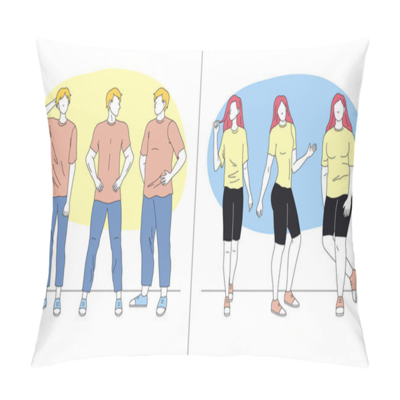 Personality  Men And Women Standing In Different Poses. Male And Female Characters Standing In A Row Together Showing Variety Of Gestures. Business People Team. Cartoon Linear Outline Flat Vector Illustration Pillow Covers