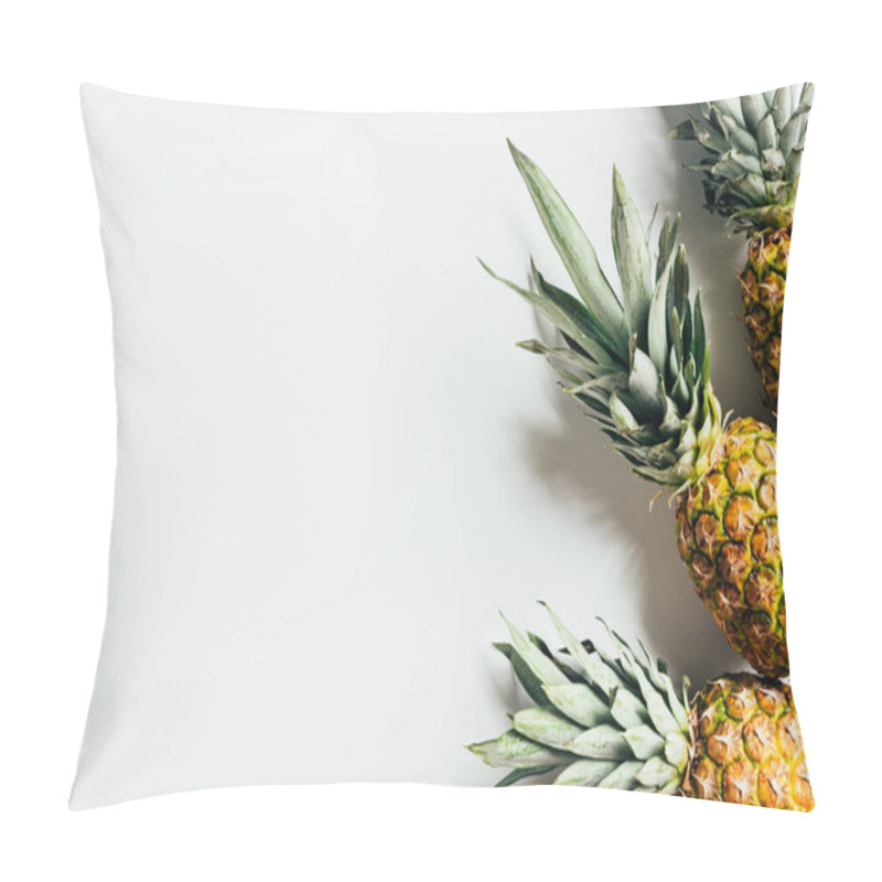 Personality  Top View Of Ripe Pineapples With Green Leaves On White Background Pillow Covers