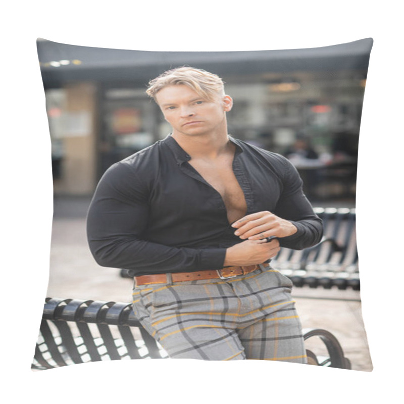 Personality  A Stylish Blonde Man Poses On A Street Bench In Orlando, Florida. He Wears A Black Button-down Shirt And Plaid Pants. Pillow Covers