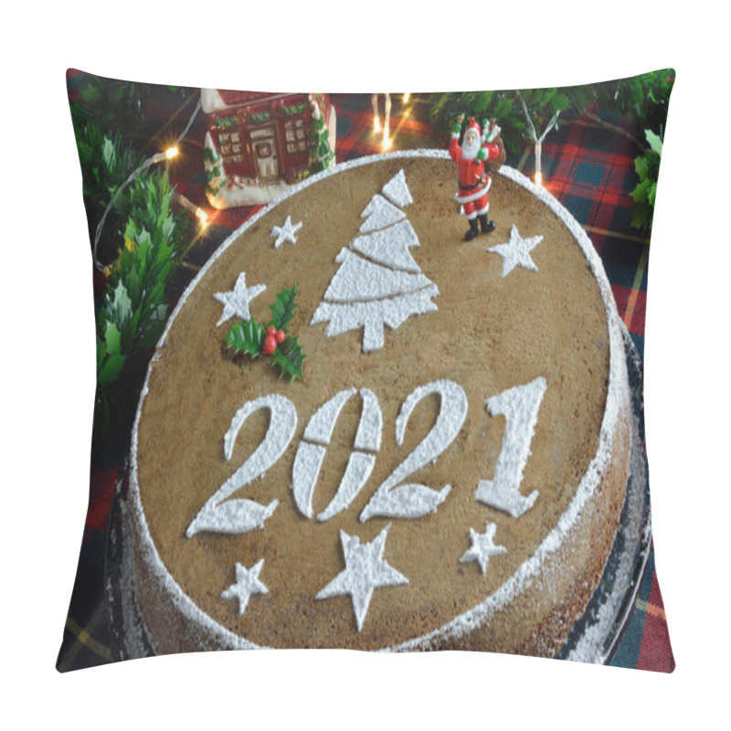 Personality  Concept With Traditional Greek New Years Cake,vasilopita, Decorative With A Mistletoe And A Saint Claus, Red Tassels,artificial Pine And Red Berries Sticks Around Pillow Covers