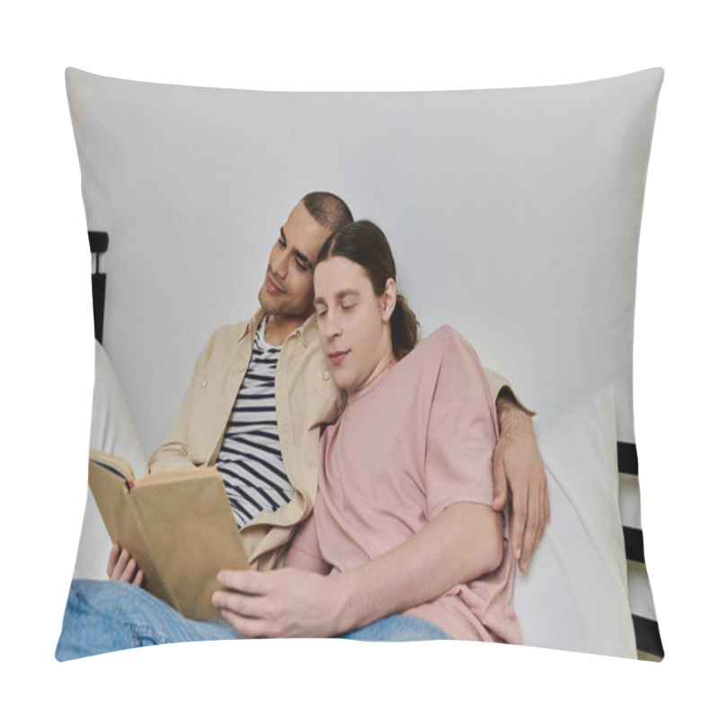 Personality  A Young Gay Couple Relaxes On A Bed In A Modern Apartment, One Reading A Book While The Other Rests His Head On His Shoulder. Pillow Covers