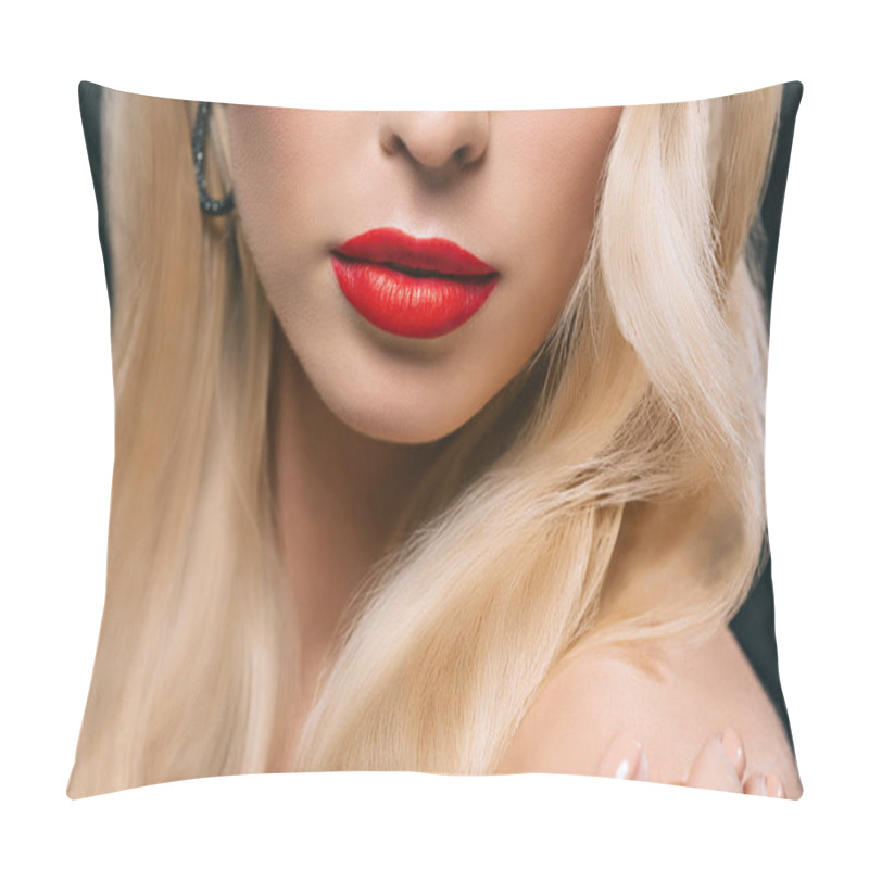 Personality  Cropped View Of Model With Perfect Skin And Red Lips, Isolated On Grey Pillow Covers