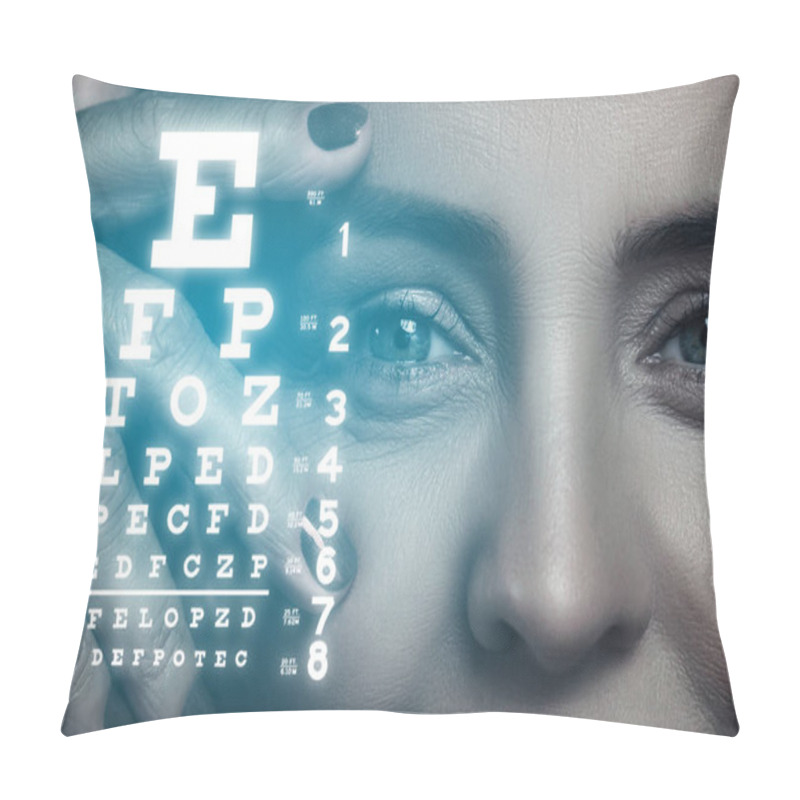 Personality  Mature Womans Face With An Eye Chart Overlay. Concepts Of Eyesight Improvement In Elderly Age.  Pillow Covers