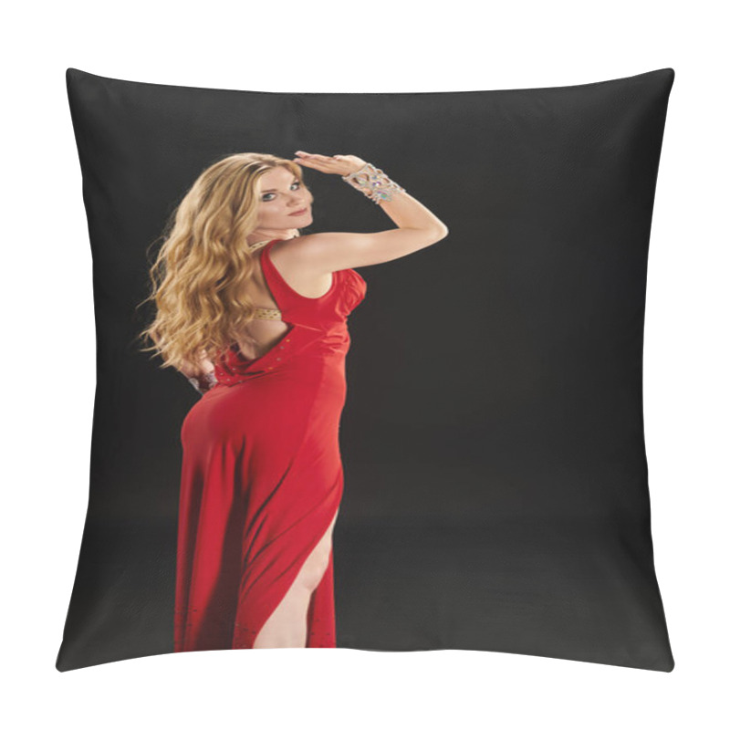 Personality  A Mesmerizing Woman Swirls In A Red Dress, Captivating The Eye With Her Graceful Dance. Pillow Covers