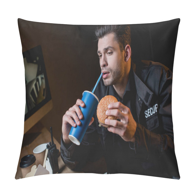 Personality   Guard Drinking And Holding Burger At Workplace  Pillow Covers