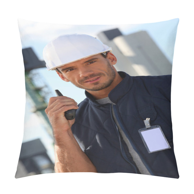 Personality  Portrait Of Foreman With Talkie Walkie In Construction Site Pillow Covers