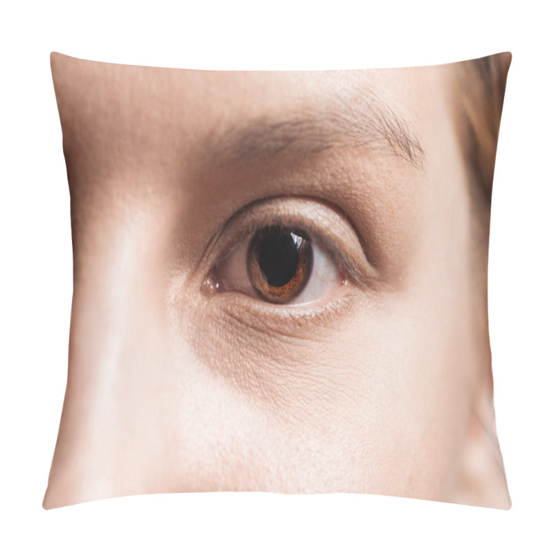 Personality  Close Up View Of Young Woman Brown Eye Looking At Camera Pillow Covers