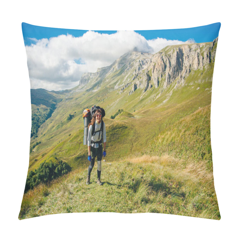 Personality  Hiker In The Mountains Of Republic Of Adygea With Large Backpacks. Russia Pillow Covers