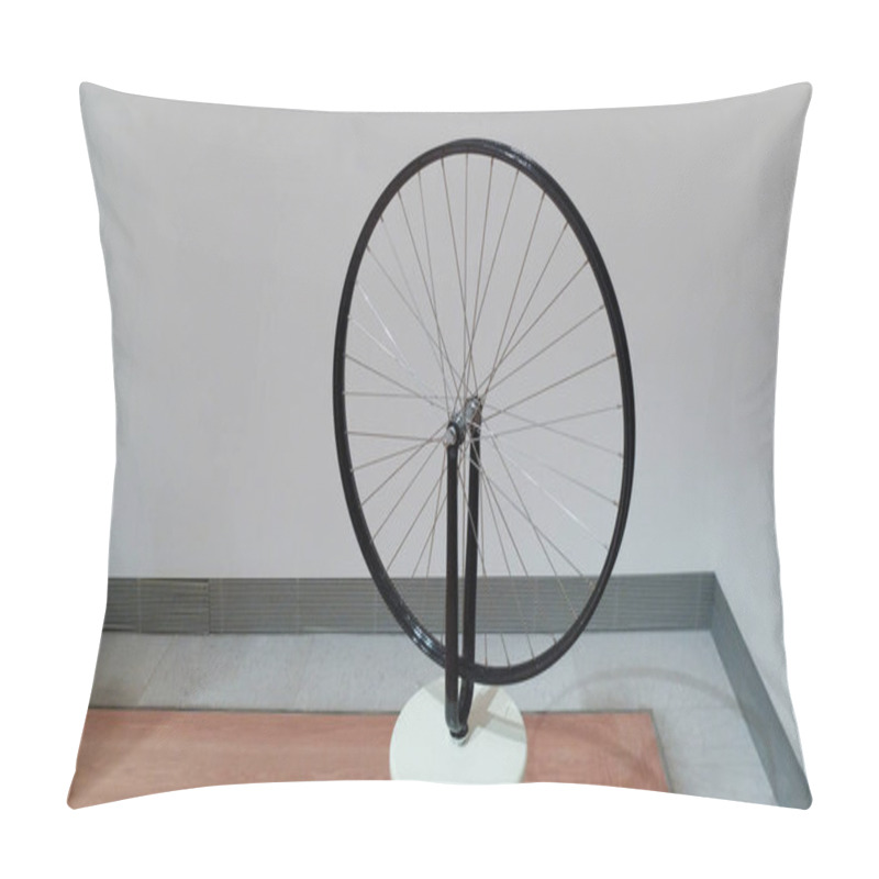 Personality  The Bicycle Wheel Of Marcel Duchamp In 1929 - 2013. La Roue De La Bicyclette Is A Work By Artist Marcel Duchamp, Created In Paris In 1913. It Is A Bicycle Wheel Fixed By Its Fork On A Painted Wooden Stool. Pillow Covers