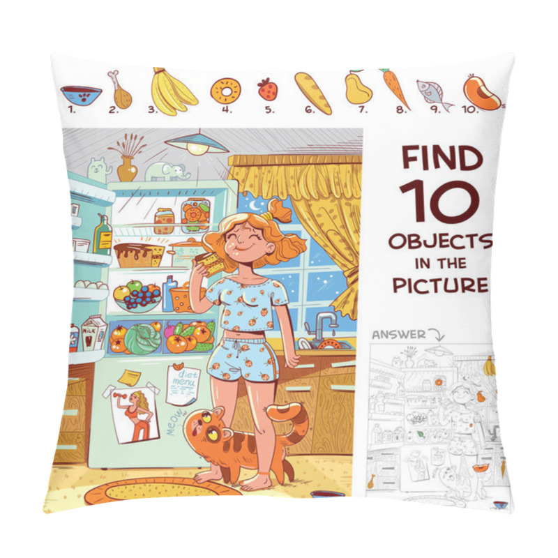 Personality  Find 10 Objects In The Picture. Puzzle Hidden Items. Girl In Pajamas Eating A Piece Of Cake Near The Refrigerator. Funny Cartoon Character Pillow Covers