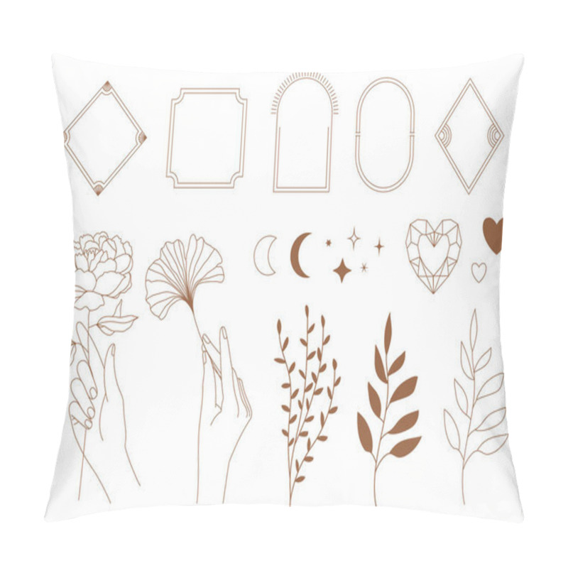 Personality  Set Of Minimal Boho Linear Symbols. Celestial Concept. Frame, Arch, Hands, Florals, Sun, Stars And Moon Elements. Vector Bohemian Design Collection For Logo Design, Social Media Posts, Stories. Branding.  Pillow Covers