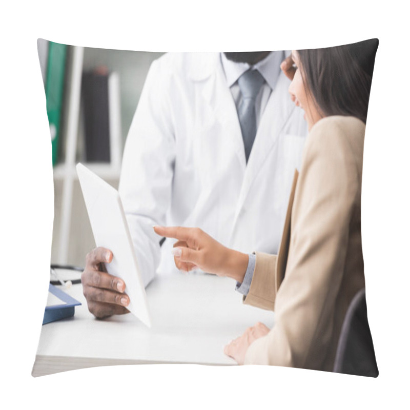 Personality  Cropped View Of African American Doctor Holding Digital Tablet Near Patient Pointing With Finger Pillow Covers