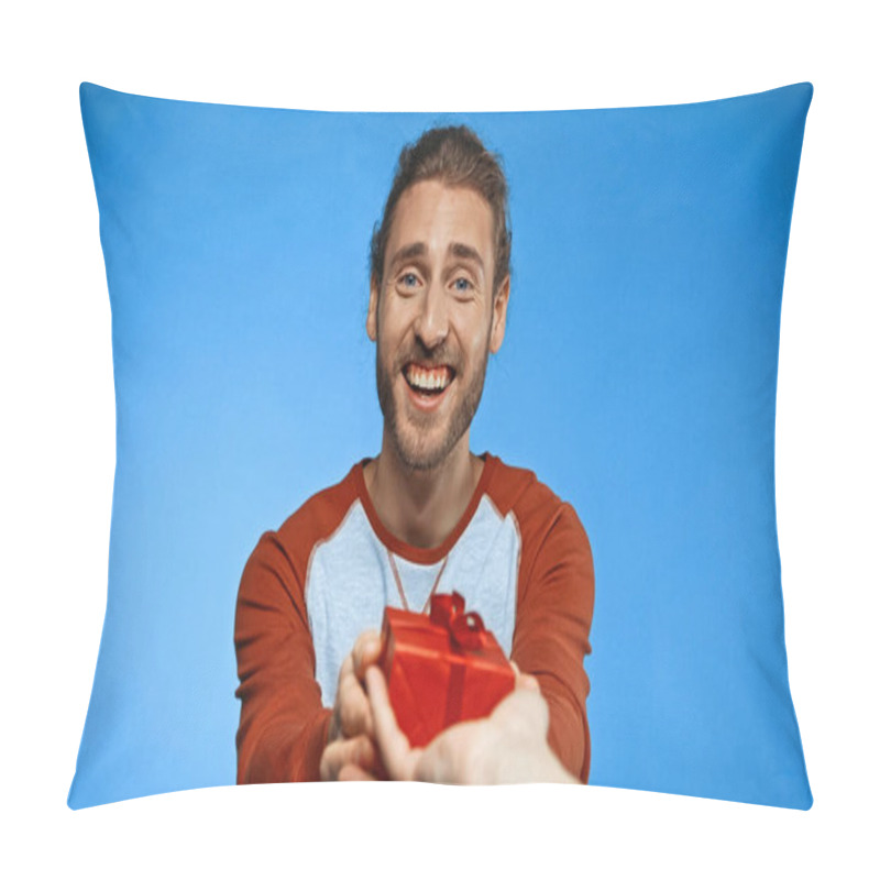 Personality  Cheerful Man Giving Present To Woman On Blue  Pillow Covers