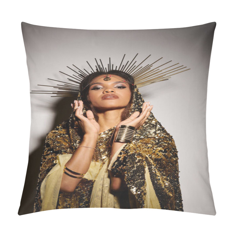 Personality  The Goddess Captivates With Her Golden Dress And Majestic Crown, Exuding Confidence In A Radiant Studio. Pillow Covers