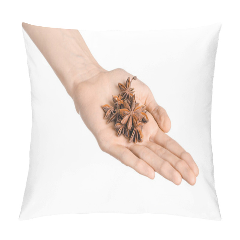 Personality  Spices And Cooking Theme: Man's Hand Holding Star Anise Isolated On White Background In Studio Pillow Covers