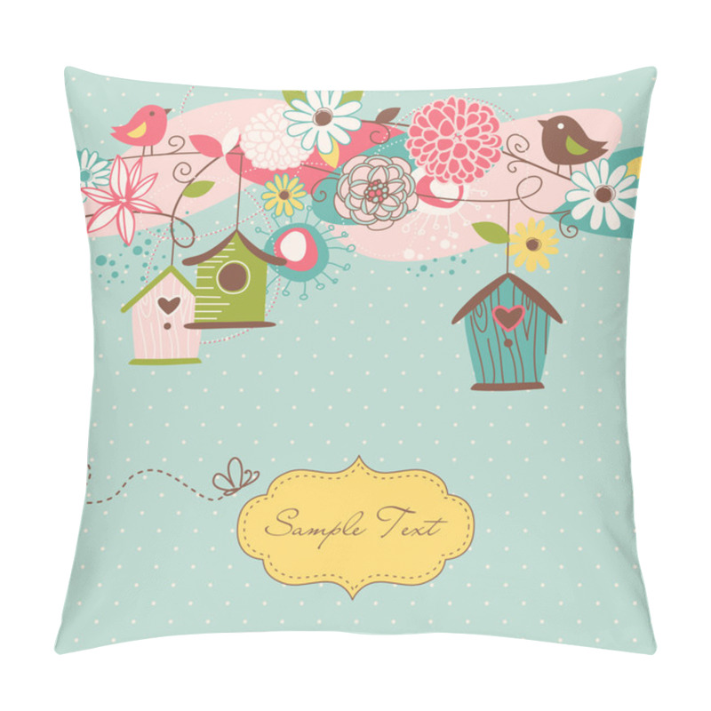 Personality  Beautiful Spring Background With Bird Houses, Birds And Flowers Pillow Covers