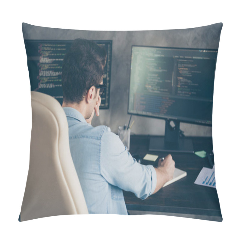 Personality  Rear Back Behind View Portrait Of His He Nice Focused Busy Smart Clever Geek Guy Solving Issue Task Tech Digital Report At Modern Industrial Interior Style Concrete Wall Work Place Station Indoors Pillow Covers