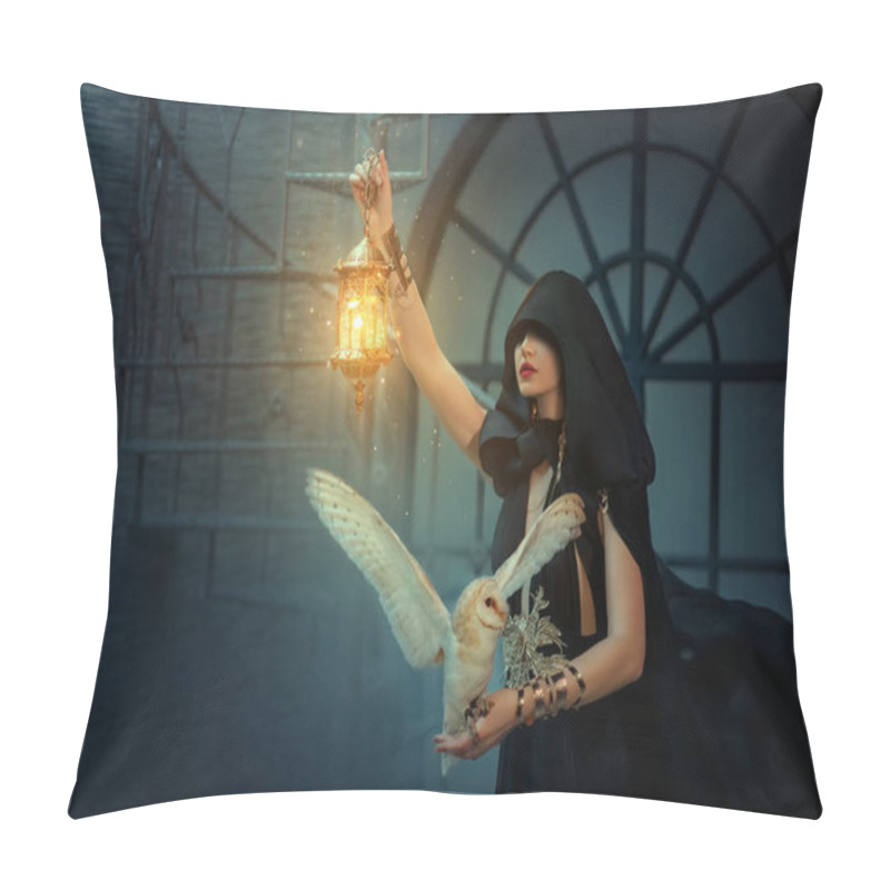 Personality  Real People Art Photo Mystery Fantasy Woman Vampire In Black Dress Cape Cloak Hood Hides Face. Girl Princess Magician Holds In Lamp Lantern In Hand. Lady Elf Queen White Barn Owl Bird. Night Dark Room Pillow Covers