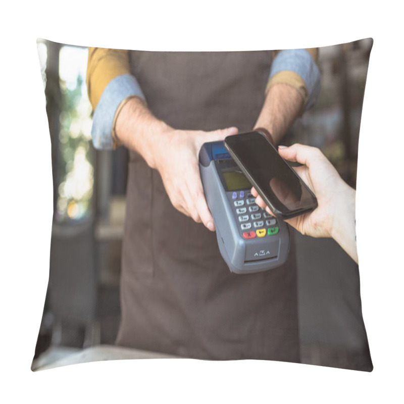 Personality  Cropped Shot Of Waiter Holding Payment Terminal While Customer Doing Contactless Purchase With Smartphone In Cafe Pillow Covers