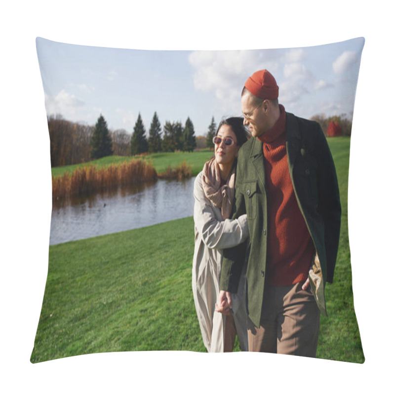 Personality  A Couple Enjoys A Serene Walk By A Tranquil Lake, Wrapped In Cozy Autumn Attire. Pillow Covers