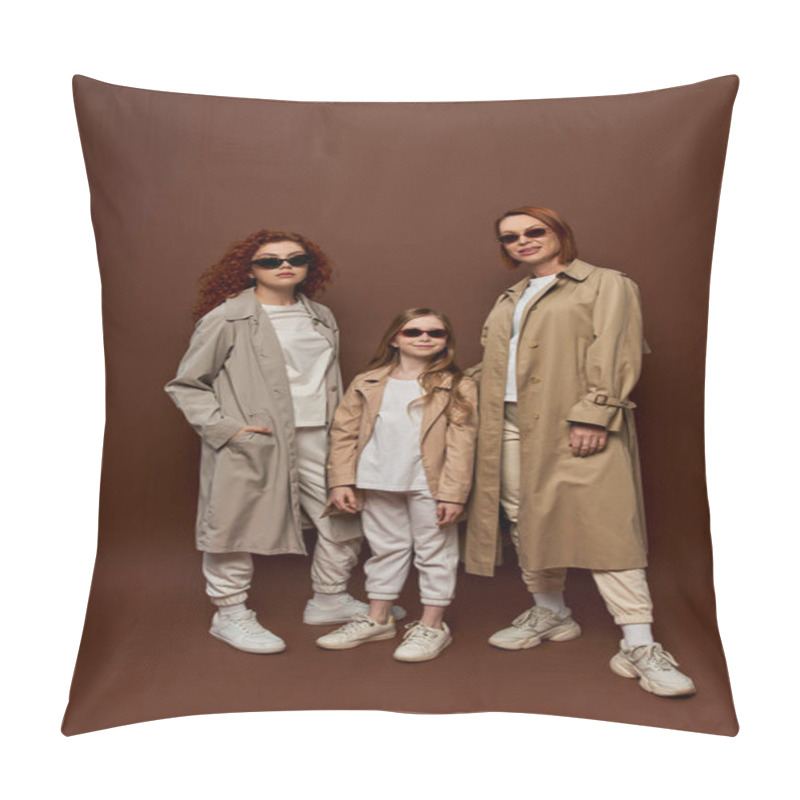 Personality  Family Photo Of Female Generations In Sunglasses And Coats Posing On Brown Background, Full Length Pillow Covers