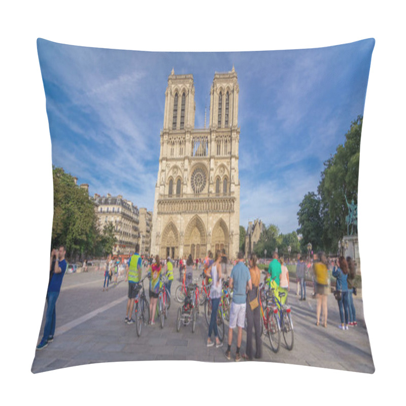 Personality  Front Facade Of Cathedral Of Notre Dame De Paris, With Square Full Of Walking People In Front Timelapse Hyperlapse. Blue Cloudy Sky At Summer Day Pillow Covers