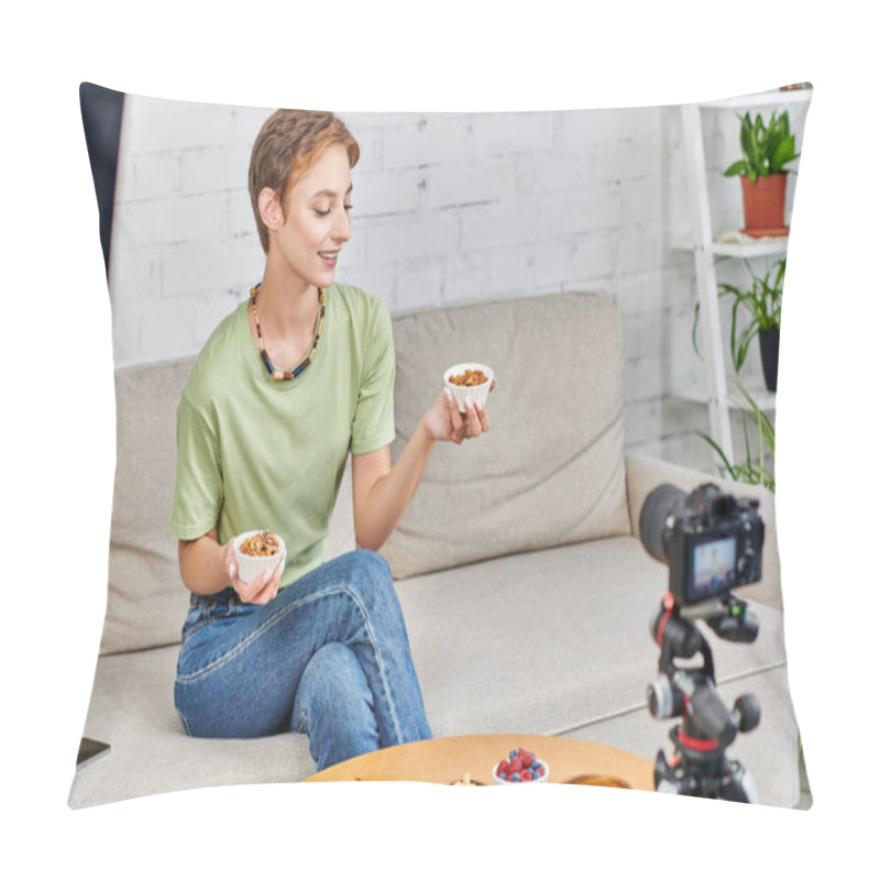 Personality  Young Vegetarian Woman Holding Bowls With Nuts On Couch Near Digital Camera During Video Blog Pillow Covers