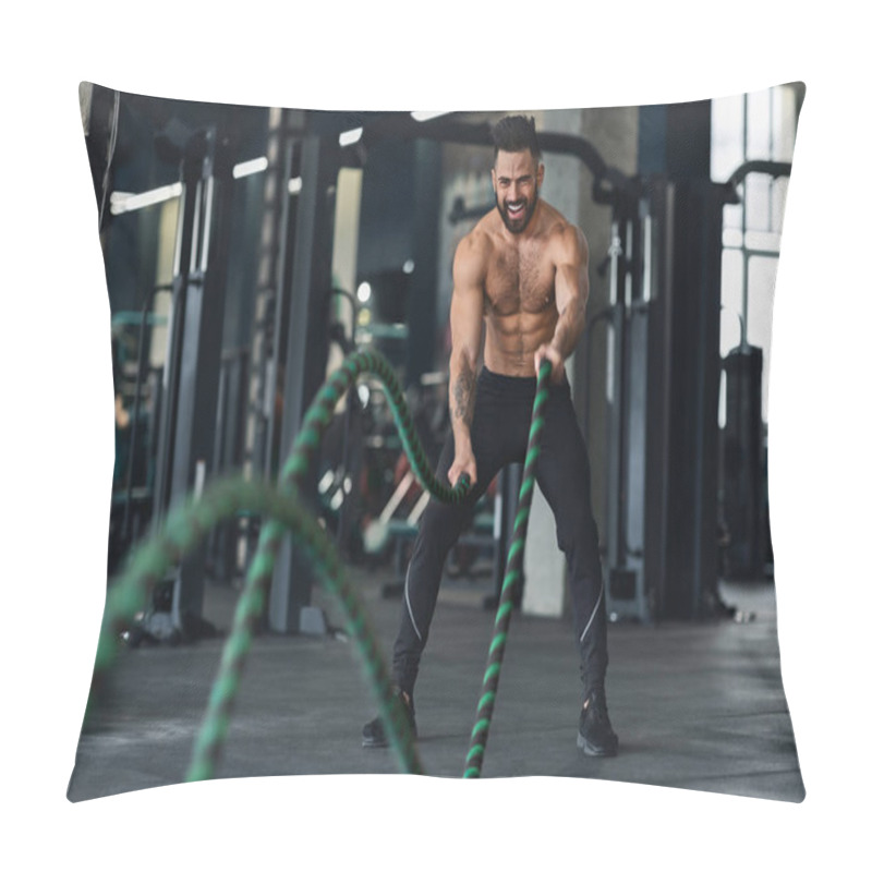 Personality  Naked Muscular Man Exercising With Battle Ropes At Gym Pillow Covers