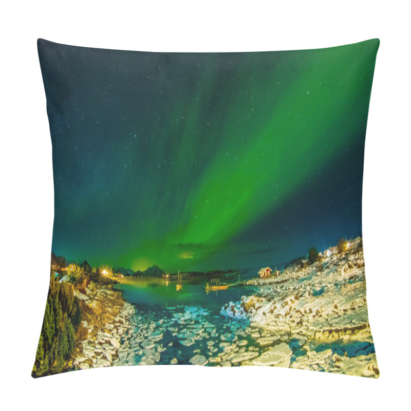 Personality  Amazing Outdoor View Of Green Aurora Borealis In The Sky During Night And Small And Medium Pieces Of Ice Left Behind During A Low Tide On A Frozen Lake Pillow Covers