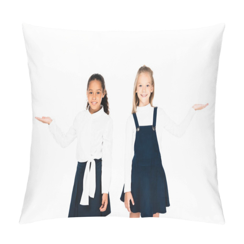 Personality  Two Cute Multicultural Schoolgirls Pointing With Hands While Smiling At Camera Isolated On White Pillow Covers