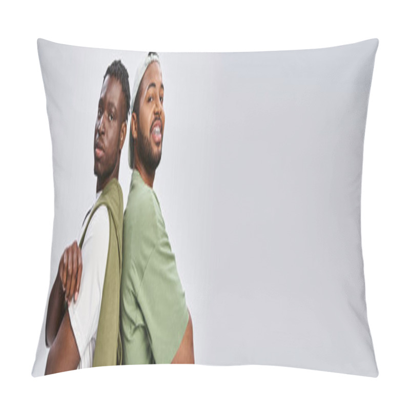 Personality  Banner Of African American Friends Standing With Folded Arms On Grey Background, Juneteenth Pillow Covers