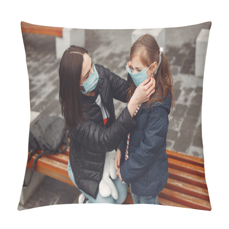 Personality  Woman In A Disposable Mask Is Teaching Her Child To Wear A Respirator Pillow Covers