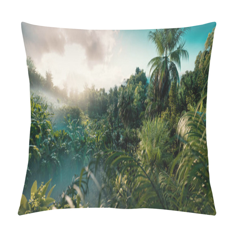 Personality  Immersive Sunset View Through The Dense, Misty Jungle: A First-Person Perspective. 3d Rendering. Pillow Covers