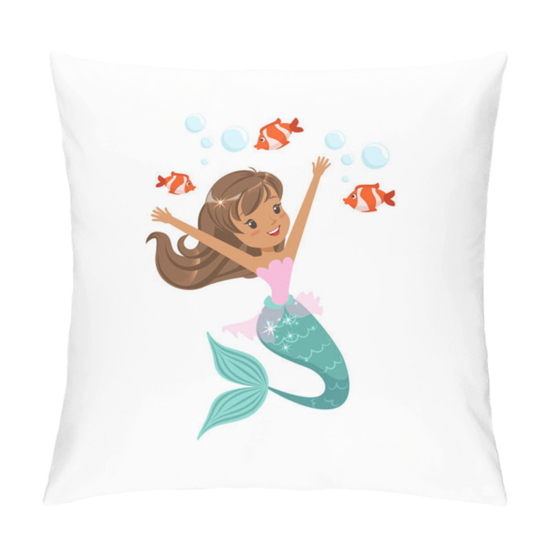 Personality  Happy Mermaid Girl Swimming Underwater With Little Fishes. Fictional Marine Creature. Sea And Ocean Life Concept. Isolated Flat Vector Illustration Pillow Covers