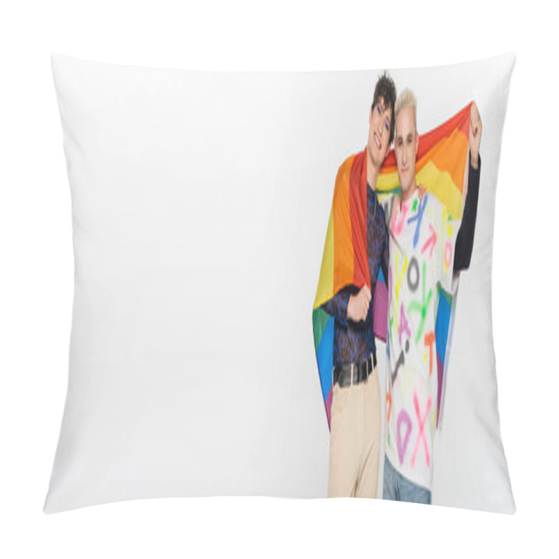 Personality  Trendy Queer Person And Blonde Gay Man With Lgbtq Flag Smiling At Camera Isolated On Grey, Banner Pillow Covers