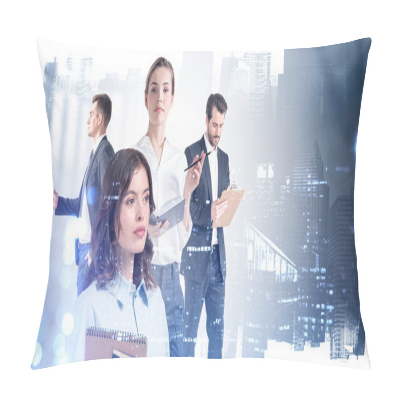 Personality  Business People Working At Office At Evening Time, New York City On Background. Work Hard And Business Development Concept. Double Exposure Pillow Covers