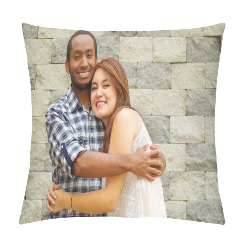 Personality  Interracial Charming Couple Wearing Casual Clothes Posing For Camera And Embracing In Front Of Grey Brick Wall Pillow Covers