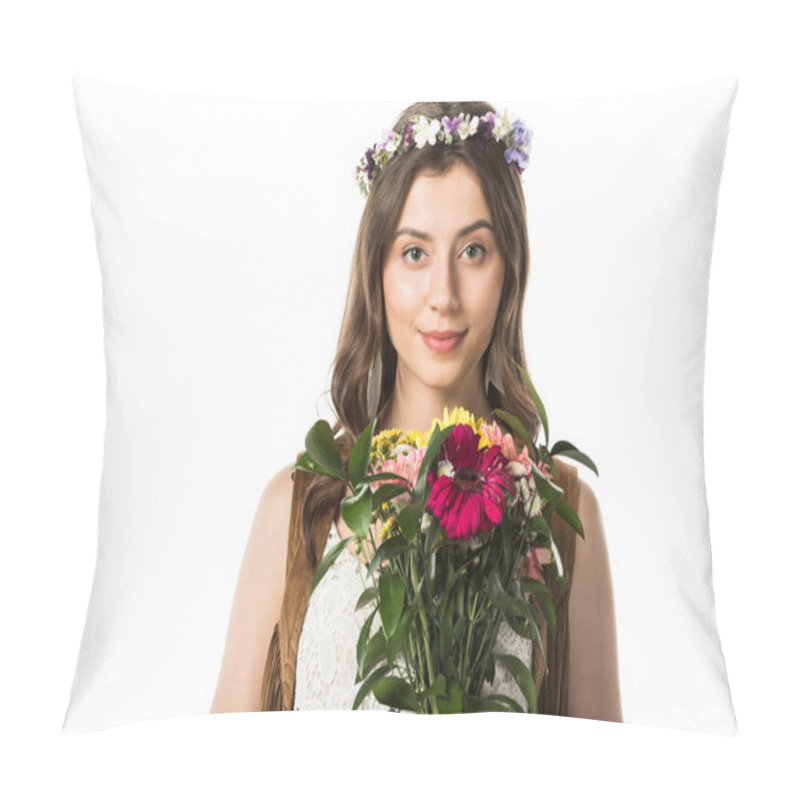 Personality  Front View Of Hippie Woman In Wreath Holding Flowers Isolated On White Pillow Covers