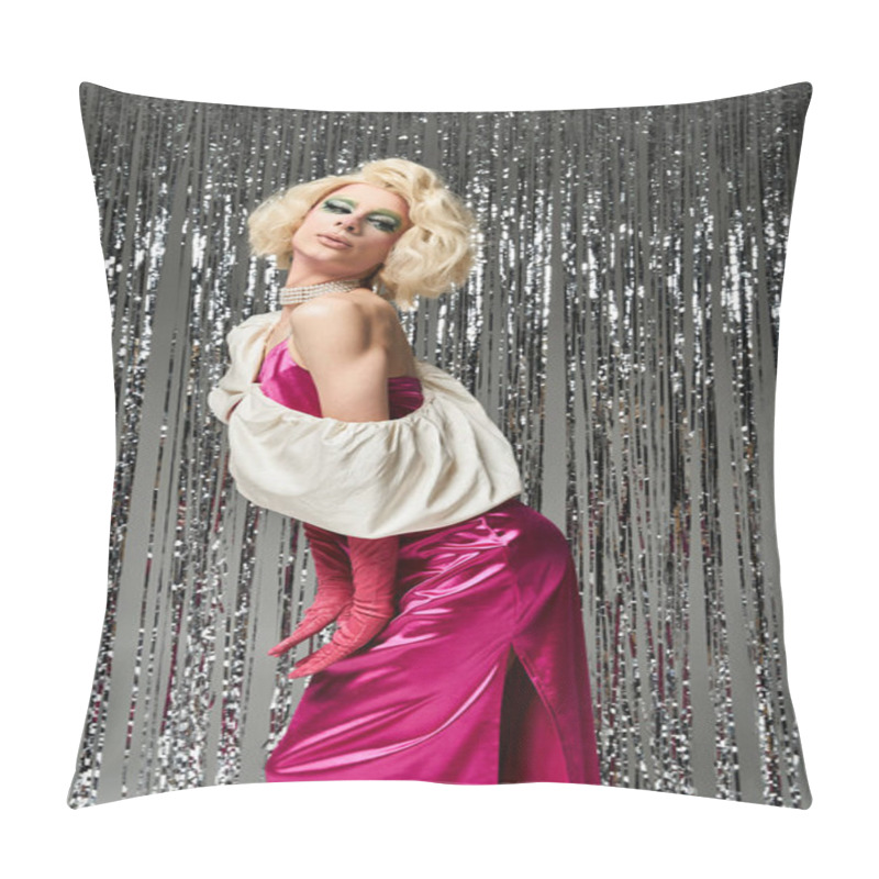 Personality  Dynamic Pose Of A Drag Artist In Chic Attire Illuminated By Sparkling Decor. Pillow Covers