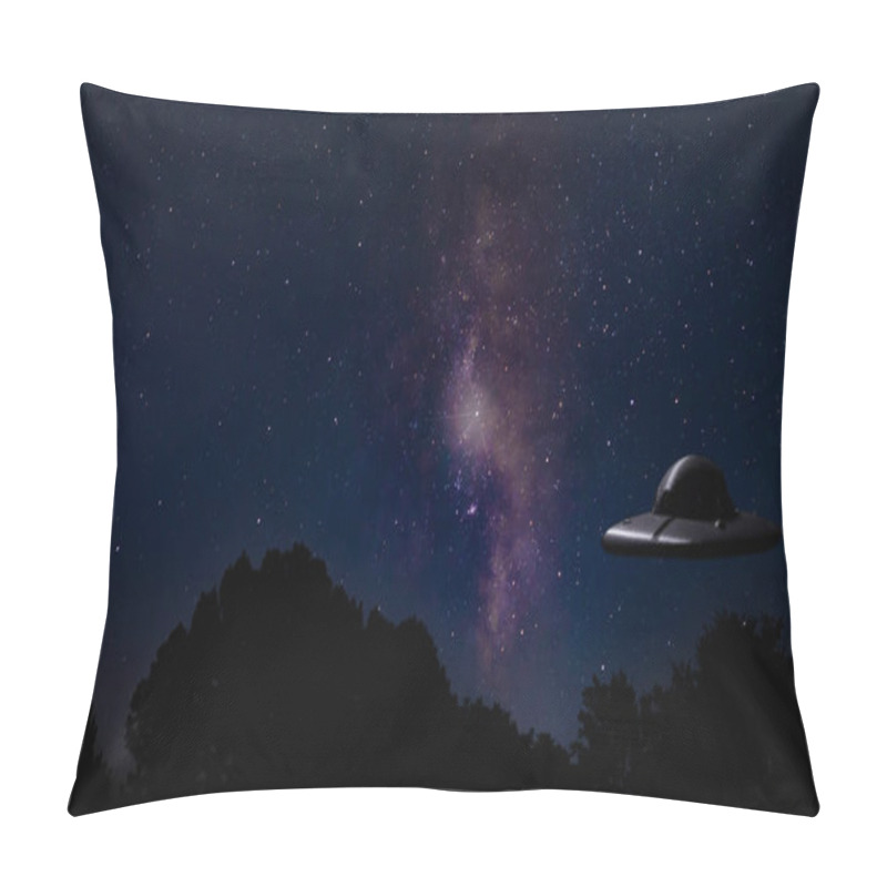 Personality  Bright Milky Way And Stars With A UFO Just Above A Dark Forest Pillow Covers