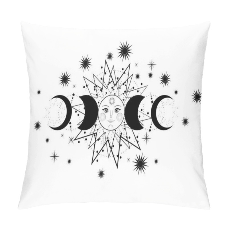 Personality  Triple Moon, Pagan Wiccan Goddess Symbol, Sun System, Moon Phases, Orbits Of Planets, Energy Circle. Sacred Geometry Of The Wheel Of The Year, Vector Isolated On White Background Pillow Covers