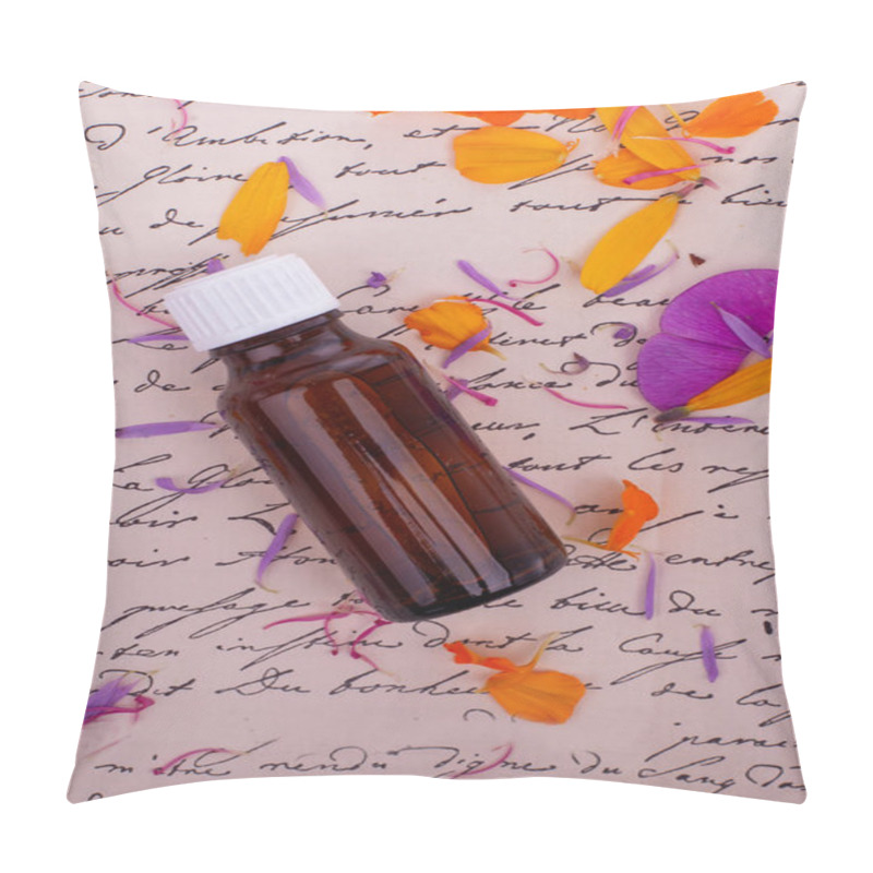 Personality  Amber Bottle With Petals On Script. Bach Therapy Pillow Covers