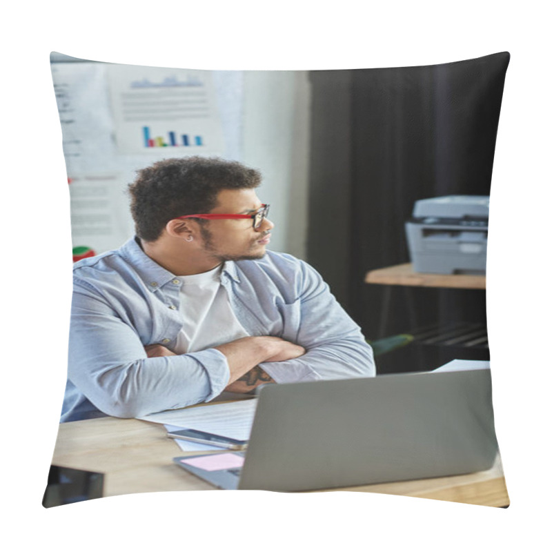 Personality  Man With Glasses Sits In A Modern Office, Thoughtfully Reflecting On His Work Amid Documents. Pillow Covers