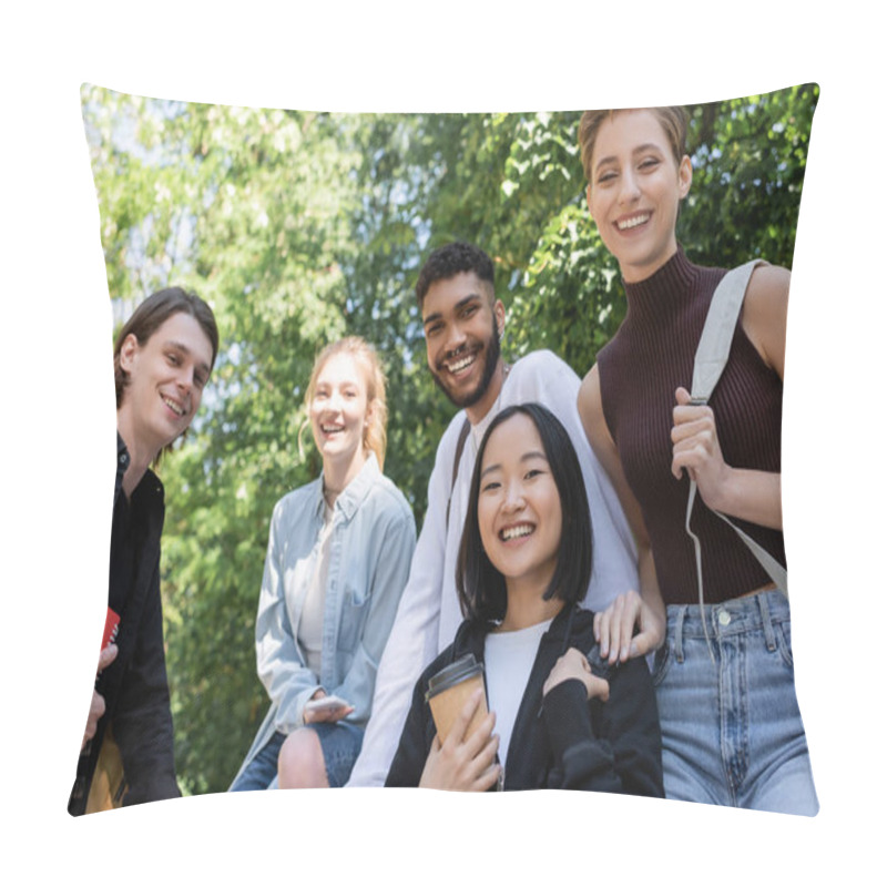 Personality  Cheerful Multicultural Students Looking At Camera While Spending Time In Park  Pillow Covers