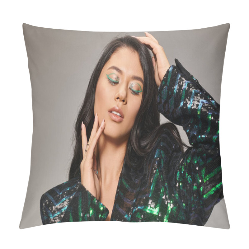 Personality  Beautiful Asian Woman In Green Jacket With Sequins And Bold Eye Makeup Posing On Grey Backdrop Pillow Covers