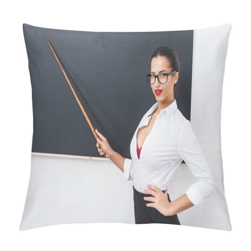 Personality  Young Attractive Teacher Pointing At Chalkboard Pillow Covers