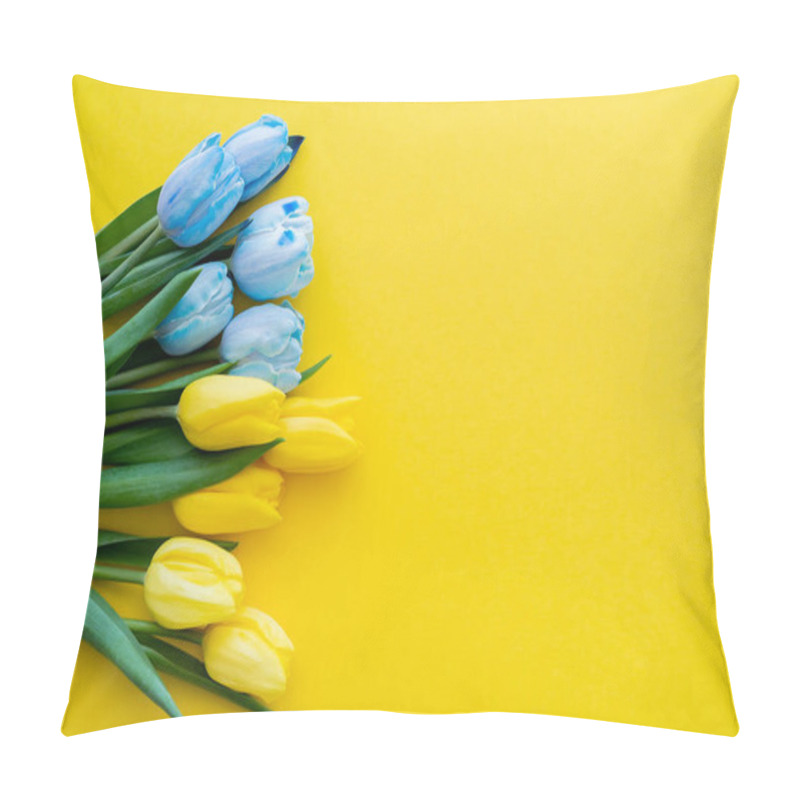 Personality  Top View Of Bouquet Of Yellow And Blue Tulips On Background With Copy Space Pillow Covers