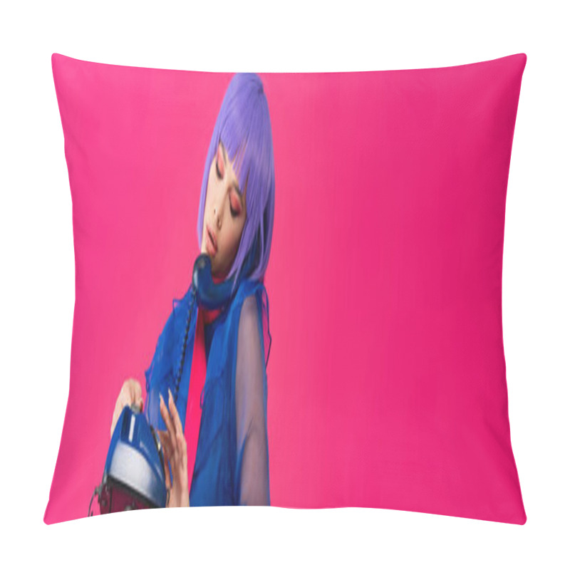 Personality  Panoramic Shot Of Beautiful Trendy Girl In Purple Wig Talking On Retro Phone, Isolated On Pink Pillow Covers