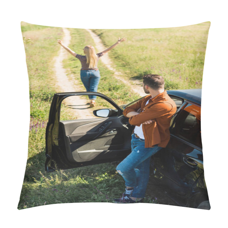 Personality  Man With Crossed Hands Standing Near Car And Looking At Girlfriend With Wide Arms In Rural Field  Pillow Covers